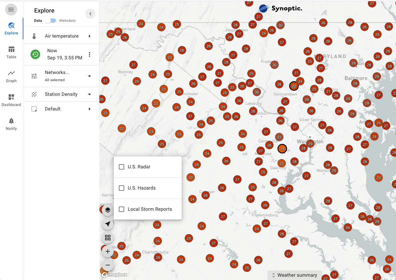 Where to access radar, hazards and storm reports in the Synoptic Data Viewer