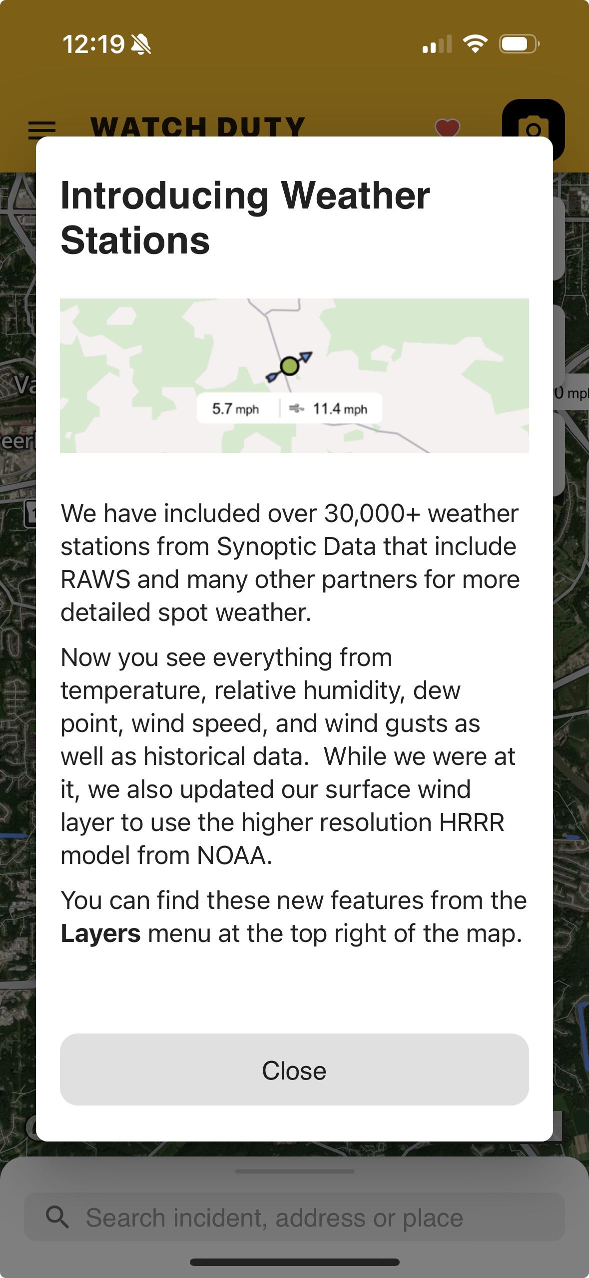 Watch Duty app notice of weather stations