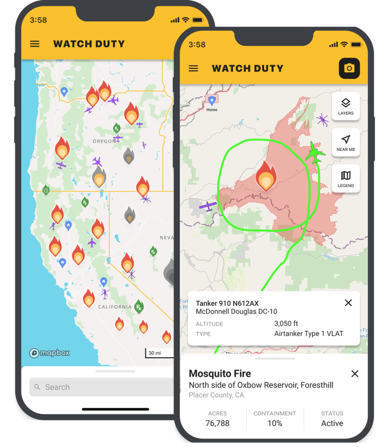 Screenshots of the Watch Duty app