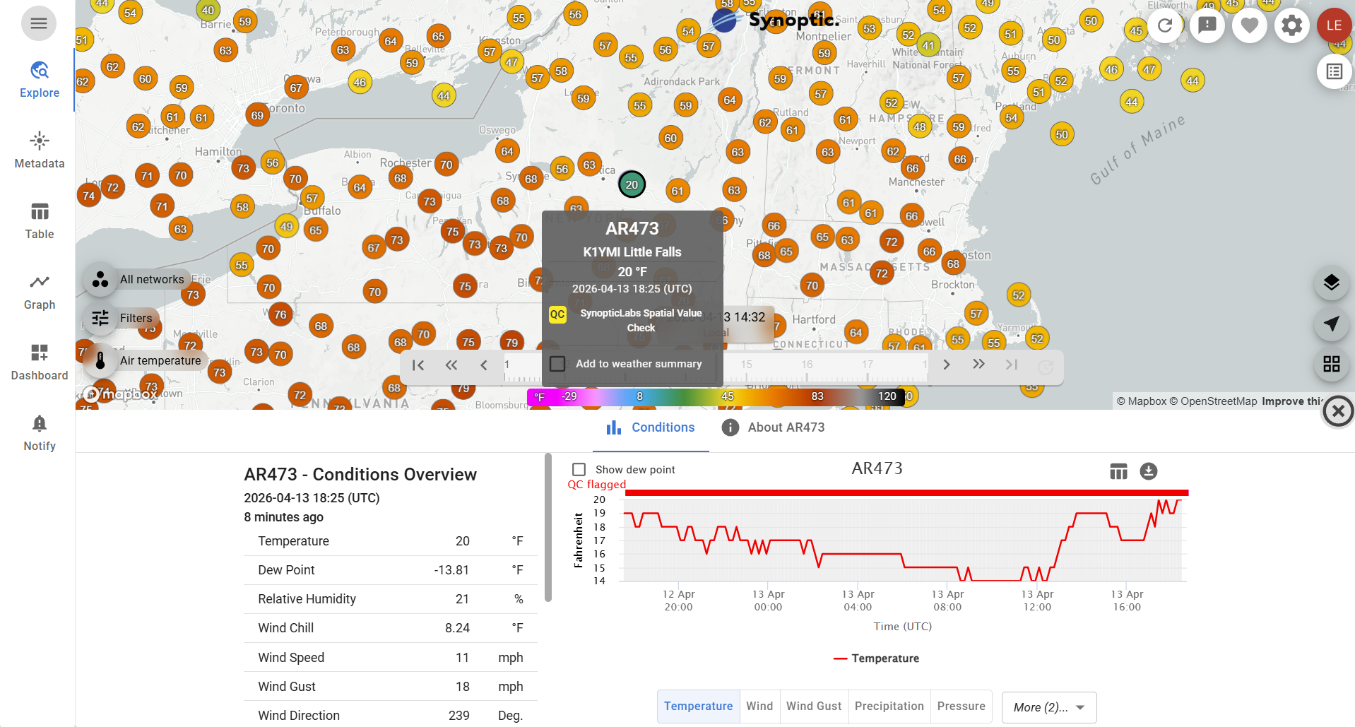 Image of the Synoptic Data Viewer showcasing the Quality Control service representation on the Data Viewer. There is a map with color based temperature values, and QC labels and warnings on the image to denote the value was flagged.
