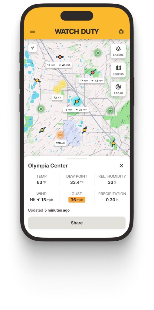 Weather data in the Watch Duty app