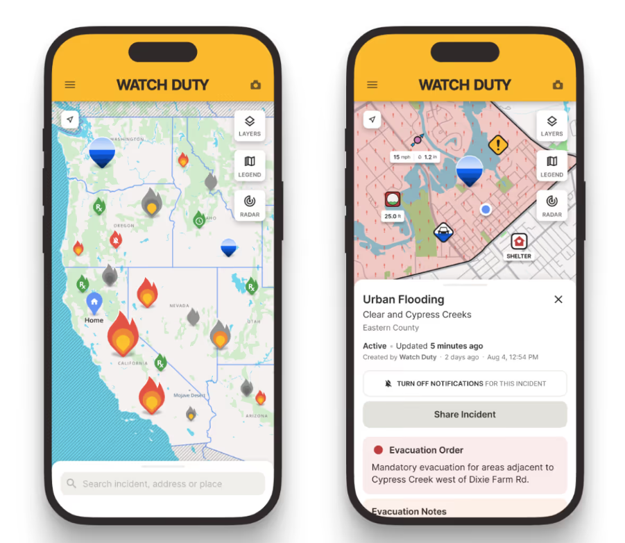 Watch Duty app images for fires and flooding